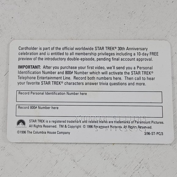 Star Trek Official Participant 30th Anniversary Membership Card 1996 - Picture 3 of 5